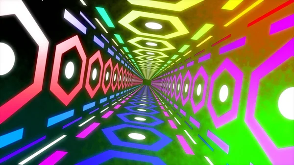 Летит через психоделический красочный туннель, бесшовный цикл. Движение. Шестиугольный технологический тоннель на тёмном фоне. — стоковое фото