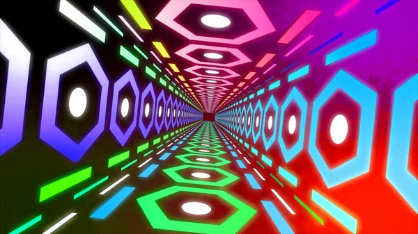 Voler à travers le tunnel psychédélique coloré, boucle transparente. Motion. Tunnel technologique hexagonal sur fond sombre. — Photo