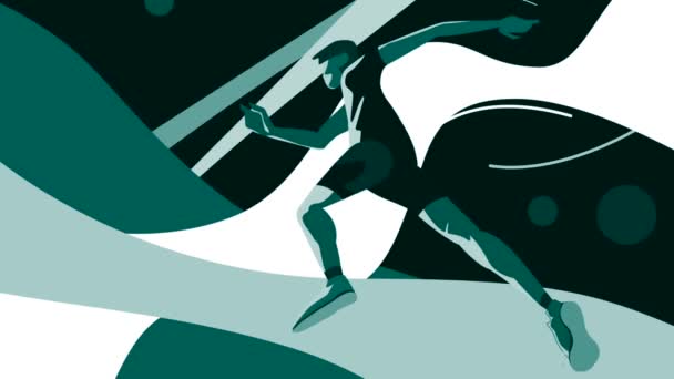 Seitenansicht eines abstrakten jungen springenden Mannes auf geometrischen Formen Hintergrund. Bewegung. Konzept von Sport und aktivem Lebensstil. — Stockvideo