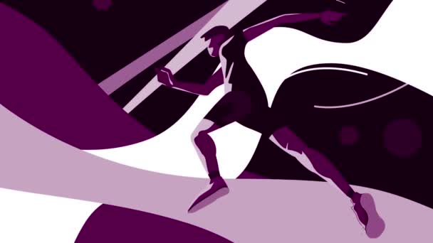 Silhouette abstraite d'un coureur au ralenti, fond sportif aux couleurs violettes. Motion. Vue latérale d'un homme faisant des exercices sportifsSilhouette abstraite d'un coureur au ralenti, sportif — Video