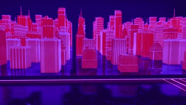 Modèle 3D de la ville moderne dans le cyberespace. Motion. Aménagement futuriste de la ville moderne avec des bâtiments de grande hauteur dans la matrice. Plan 3D de la ville dans l'espace informatique — Video