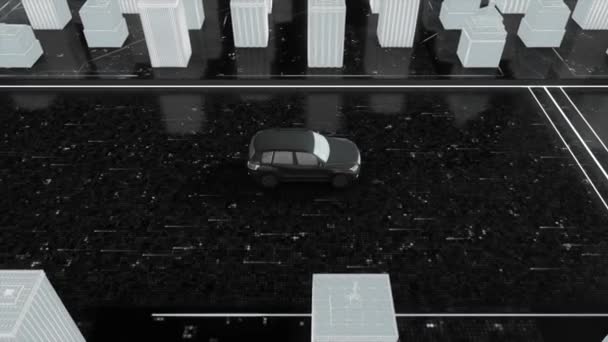 3D модель вождения автомобиля в футуристическом городе. Движение. Анимированная планировка города и автомобиля. 3D модель автомобиля на фоне белых высотных зданий — стоковое видео