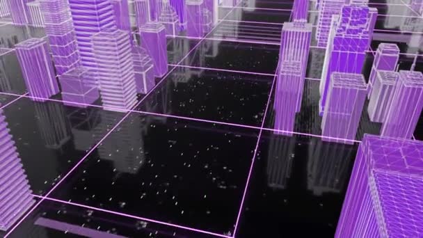 Strade spaziali nella città cibernetica. Mozione. Immergetevi nel modello 3D della città futuristica. Modello virtuale di edifici nella città cibernetica per videogiochi — Video Stock