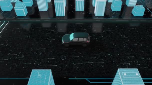 Modello 3D di auto in movimento in città. Mozione. Gite in auto 3D su strada nella città cibernetica. Guida di auto sulla strada della città nel cyberspazio — Video Stock