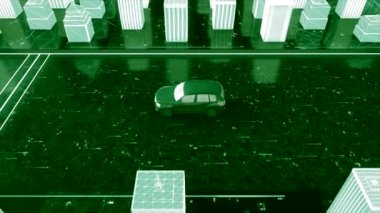 Şehirde hareket eden arabanın 3 boyutlu modeli. Hareket. Sibernetik şehirde üç boyutlu araba turu. Siber uzayda şehir yolunda araba sürmek