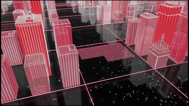 Estradas espaciais na cidade cibernética. Moção. Mergulhe no modelo 3D da cidade futurista. Modelo virtual de edifícios na cidade cibernética para jogos de vídeo — Vídeo de Stock