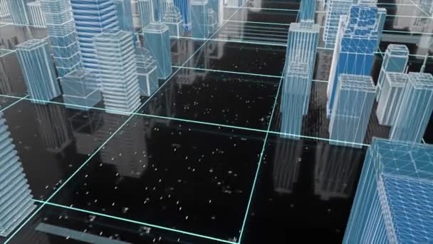 Modello virtuale di città futuristica. Mozione. Immergetevi in olografia di strade della città con edifici 3d. Bellissimo modello 3d di città nello spazio virtuale — Video Stock