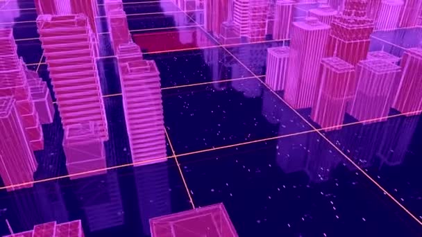 Hermosa ciudad futurista en el ciberespacio. Moción. Ciudad 3D con carreteras brillantes en el mundo virtual. Diseño de ciudad virtual para videojuegos — Vídeos de Stock