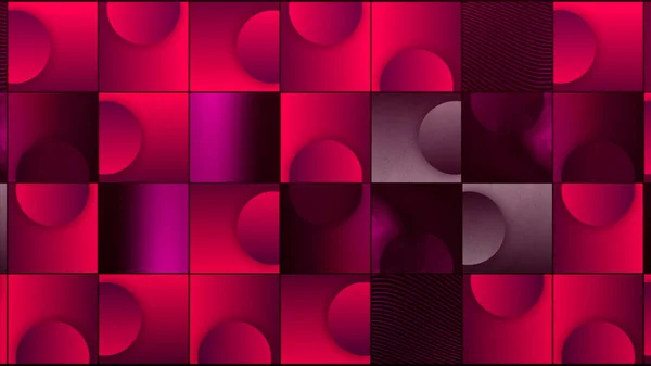 Reihen von bunten Quadraten mit beweglichen Objekten in jedem von ihnen. Bewegung. Kreise erscheinen in Quadraten und entfernen sich. — Stockfoto