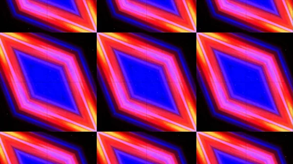 3D ilustrace dynamicky blikajících kosočtverců, bezešvé smyčky. Pohyb. Kaleidoskop vzor s diagonálními řadami neonových figurek měnící barvy. — Stock fotografie