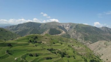 Mavi bulutlu arka planda yeşil tepe manzaralı güzel bir hava manzarası. Başla. Yeşil otlar ve büyüyen ağaçlarla kaplı dağların üzerinde uçuyorlar..