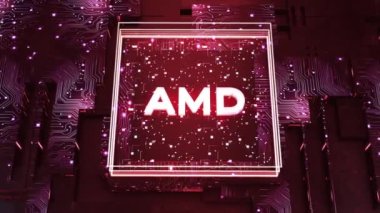 Veri işlemeli bir devre kartının soyut görselleştirilmesi, yapay zeka kavramı. Hareket. AMD şirket simgesi ile bilgisayar detayları. Sadece yazı işleri için..