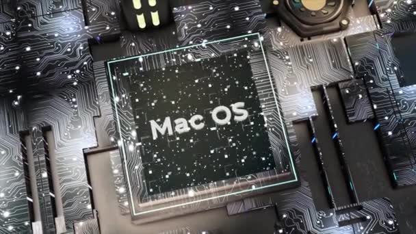 Visualización abstracta de una placa de circuito con procesamiento de datos, concepto de inteligencia artificial. Moción. Detalles de la computadora con el sistema operativo gráfico Apple Mac. Únicamente para uso editorial. — Vídeo de stock