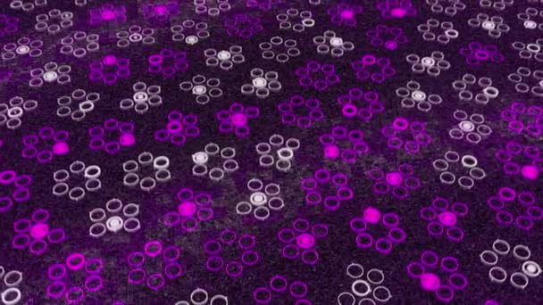 Caleidoscopio astratto di campo digitale rotante con fiori schematici formati da cerchi vuoti, anello senza soluzione di continuità. Animazione. Filatura e trasformazione semplici sagome di fiori. — Video Stock