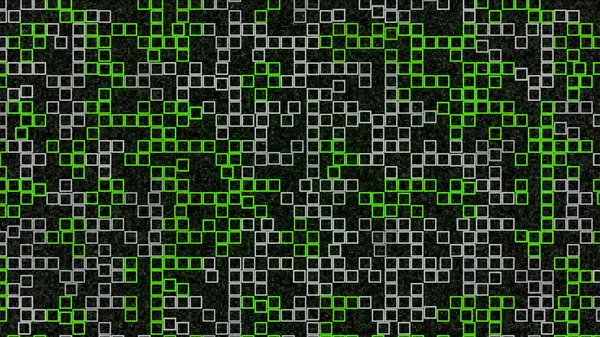Абстрактный квадратный технологический фон с произвольным движением фигур. Анимация. Зеленый и белый ряды движущихся квадратов на черном фоне, бесшовный цикл. — стоковое фото