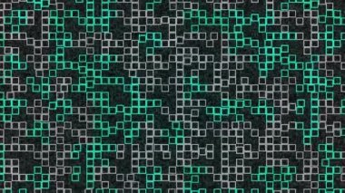Rastgele figürler taşıyan soyut kare teknoloji arka planı. Animasyon. Siyah zemin üzerinde turkuaz ve beyaz sıralı hareketli kareler, pürüzsüz döngü.