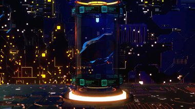 Taşlı uzay istasyonu. Hareket. Karanlık bilim istasyonunun arka planındaki kapsülde üç boyutlu meteorit animasyonu. Uzay istasyonunda kapsüldeki uzay taşı