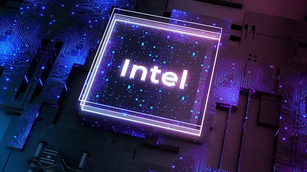 Inscripción en neón cuadrado. Moción. Letras de Intel en neón cuadrado sobre fondo futurista. Animación de las letras Intel con líneas de neón y detalles del ordenador Fotos De Stock