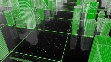Fütürist şehrin sanal modeli. Hareket. Üç boyutlu binalarla şehrin sokaklarının holografisine dalın. Sanal uzayda şehrin güzel 3D modeli