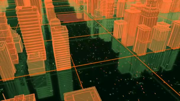 Modelo 3D de edificios en la ciudad moderna en el ciberespacio. Moción. Holografía 3D de edificios en ciudad futurista. Inmersión en modelo holográfico de ciudad con edificios y carreteras — Vídeos de Stock