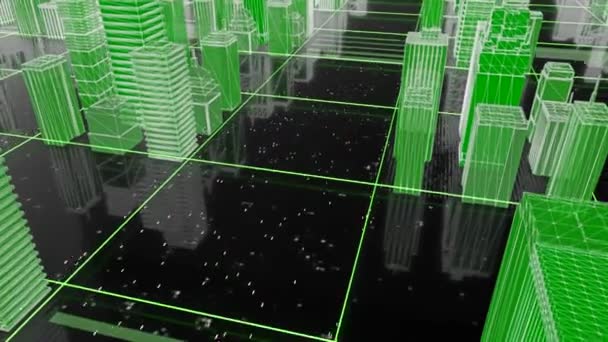 Віртуальна модель футуристичного міста. Рух. Пориньте в голографію міських вулиць з 3d будівлями. Красива 3d модель міста у віртуальному просторі — стокове відео
