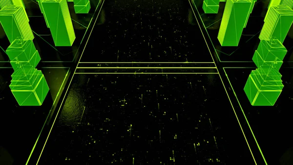 Flying over 3D virtual geometric city office buildings, aerial view. Animation. Mock up of a digital modern city street in green and black colors, concept of architecture and city formation.