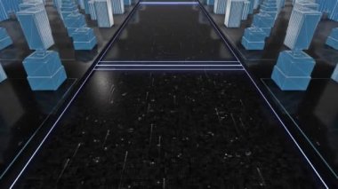 3D sanal şehir ofis binalarının üzerinde uçuyor, hava manzaralı. Animasyon. Mimarlık ve şehir oluşumu kavramını, mavi ve siyah renklerle dijital bir şehir caddesini oluşturun..