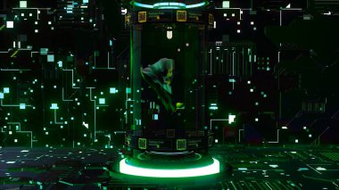 Uzay taşı kapsülde. Hareket. Göktaşının üç boyutlu bir parçası uzay gemisinde kapsülün içinde uçuyor. Kapsül ve uzay uçuşlu neon teknolojik duvarlar