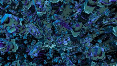 Soyut cam şekilli animasyon. Hareket. 3 boyutlu arka plan, buz şekilleri ve hipnotik spiral. Buz şekillerinin ve yansımalı baloncukların güzel arkaplanı