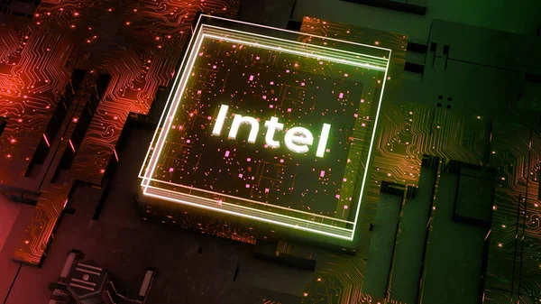 Plaza de neón con inscripción. Moción. Letras Intel en cuadrado transparente sobre fondo de neón brillante. Banner animado para Intel con detalles tecnológicos y de neón — Foto de Stock