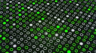 Koyu gri bir zemin üzerinde yeşil ve beyaz yanıp sönen dairelerin dönen yüzeyi, pürüzsüz döngü. Animasyon. Dar daire siluetleri alanını kaplayan enerji dalgaları.