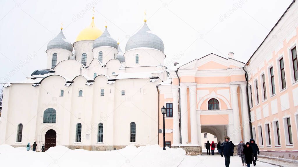 St. Sophia Cathedral and the architectural ensemble, Veliky Novgorod, Russia in sunny cold winter day. Concept. Historical place with a large temple.