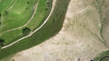 İlkbaharda Slovenya 'daki ulusal parktaki bir dağın havadan görünüşü. Başla. Yeşil çimlerle kaplı bir yamaçla yüksek bir tepenin üzerinde uçuyor ve dar yollar ve taşlarla ve kumla kaplı başka bir yokuş..