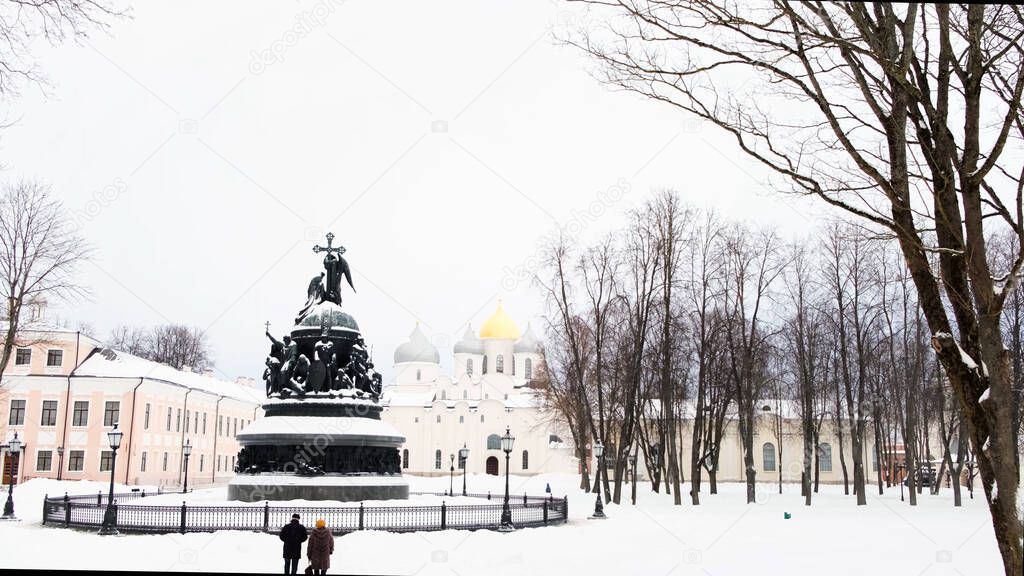 St. Sophia Cathedral and the architectural ensemble, Veliky Novgorod, Russia in sunny cold winter day. Concept. Historical place with a large temple and a monument.