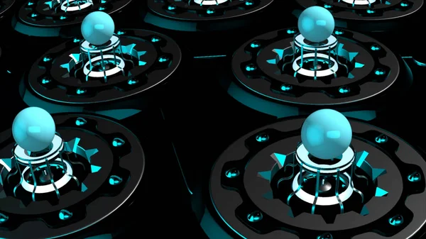 Draaiende abstracte details met bollen op een zwarte achtergrond, naadloze lus. Beweging. Ruimteschip buitenaardse technologieën details. — Stockfoto