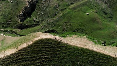 Yeşil dağ vadisinde yaz otlaklarında yürüyüş yapan turistler, hava manzarası. Başla. Yeşil yaz tepesinde yürüyen insanlar, seyahat ve macera kavramı.