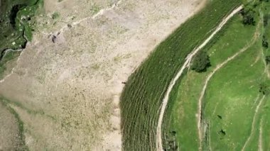 İlkbaharda Slovenya 'daki ulusal parktaki bir dağın havadan görünüşü. Başla. Yeşil çimlerle kaplı bir yamaçla yüksek bir tepenin üzerinde uçuyor ve dar yollar ve taşlarla ve kumla kaplı başka bir yokuş..