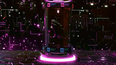 Uzay taşı kapsülde. Hareket. Göktaşının üç boyutlu bir parçası uzay gemisinde kapsülün içinde uçuyor. Kapsül ve uzay uçuşlu neon teknolojik duvarlar