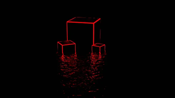 Silhouettes abstraites de petits et grands cubes 3D isolés sur un fond noir. Design. Cadre néon de cubes debout sur une surface liquide. — Photo