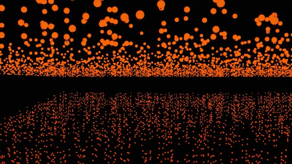 Abstraktní oranžový oblak koulí, který se odráží na černém pozadí. Design. Nekonečné množství barevných kruhů vytvářejících vodorovný tok, bezešvé smyčky. — Stock fotografie