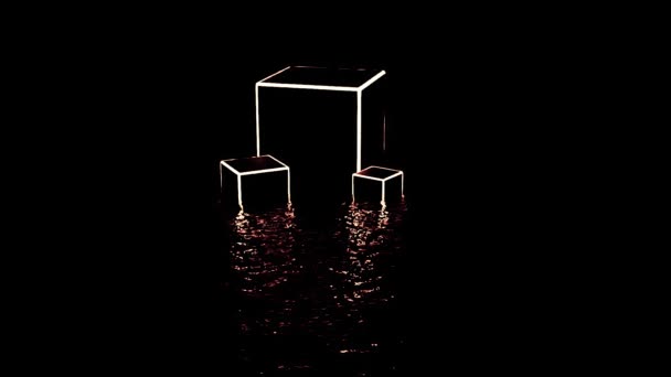 Siluetas abstractas de cubos 3D pequeños y grandes aislados sobre un fondo negro. Diseño. Marco de neón de cubos de pie sobre una superficie líquida. — Vídeos de Stock