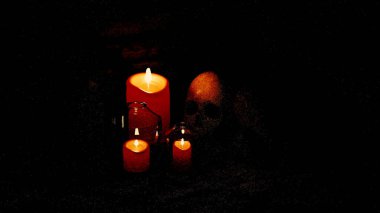 Kafatası ve mumlarla soyut cadılar bayramı arkaplan kompozisyonu. Tasarım. Karikatür, korkunç insan kafatası ve yanan mumlar, kara büyü ve mistisizm kavramı..