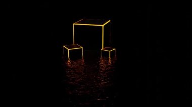 Siyah arka planda izole edilmiş üç boyutlu küçük ve büyük küplerden oluşan soyut siluetler. Tasarım. Sıvı bir yüzeyde duran neon küplerin çerçevesi.