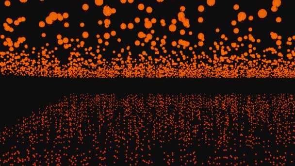 Abstrato nuvem laranja de esferas fluindo com a reflexão sobre um fundo preto. Desenho. Quantidade infinita de círculos coloridos criando fluxo horizontal, loop sem costura. — Vídeo de Stock