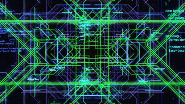 Φουτουριστικό μοτίβο με γραμμές κυκλωμάτων υπολογιστών. Κίνηση. Συμμετρικό μοτίβο με κινούμενες φωτεινές γραμμές στο διάγραμμα του υπολογιστή. Όμορφο μοτίβο σε μορφή μητρικής πλακέτας με κωδικούς προγράμματος — Φωτογραφία Αρχείου