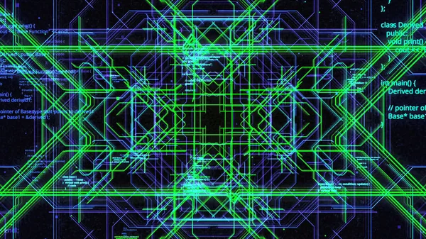 Patrón futurista con líneas de circuitos informáticos. Moción. Patrón simétrico con líneas luminosas móviles en el diagrama de ordenador. Hermoso patrón en forma de placa base con códigos de programa —  Fotos de Stock