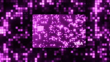 Rusya, Moskova - 10 Ağustos 2021: parlak banka kartı tasarımı. Hareket. Banka kartlarının yeni parlak tasarımı. Visa banka kartında parlak piksellerle gelecek tasarımı