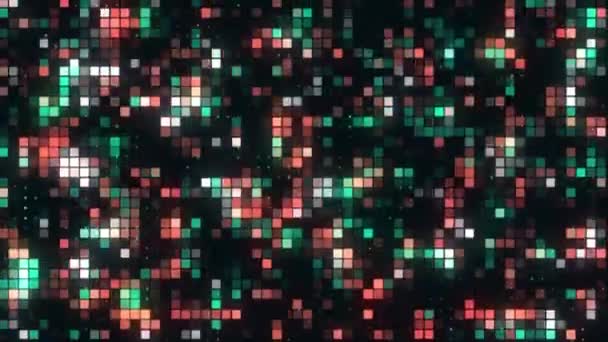 カラフルなピクセルで明るいディスコの背景。動きだ。輝く多色ピクセルを持つ美しい背景。カラフルなピクセルはモザイクと混沌とした方法で移動します。 — ストック動画