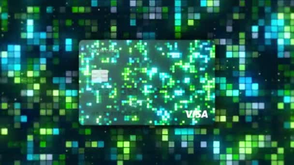 ロシア,モスクワ- 2021年8月10日:明るいカラフルなピクセルを持つ背景。動きだ。銀行カードの新しいデザイン。Visa銀行カード用のゲーマーの明るいデザイン。ゲーマースタイルのカラフルな輝くピクセル — ストック動画