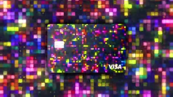 Rusia, Moscú - 10 de agosto de 2021: Fondo con píxeles de colores brillantes. Moción. Nuevo diseño para tarjetas bancarias. Gamer brillante diseño para Visa tarjeta bancaria. Coloridos píxeles brillantes en estilo gamer — Vídeos de Stock